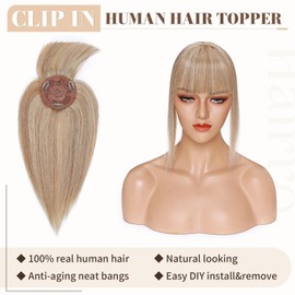 Hairro Clip in Hair Toppers with Bangs Human Hair (6 inch #12P613 Golden Brown Highlighted Bleached Blonde) 100% Real Remy Human Hair Topper for Women Top Crown Mono Base Hairpiece Wig for Thinning Hair Loss Cover Grey White Hair 150% Density