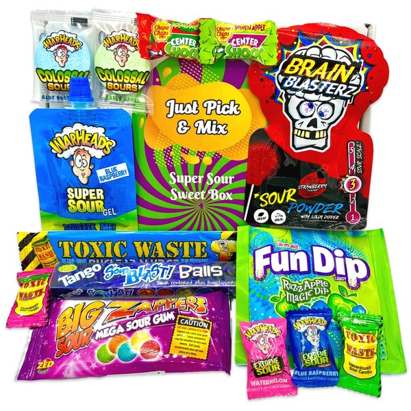 Just Pick & Mix Ultimate Super Sour Sweets Selection Box Full of American Sour Sweets Including Warheads, Toxic Waste and Brain Blaster