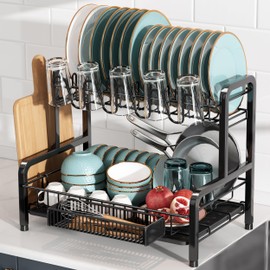BOOSINY Dish Drying Rack and Drainboard Set for Kitchen Counter, 2 Tier Large Stainless Steel Sink Organizer Dish Racks with Cups Holder, Utensil Holder, Black Dish Strainer Shelf