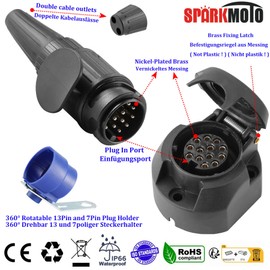 SPARKMOTO 12 V Trailer Plug 13 Pin and Trailer Socket 13 Pin Set, with Full Mounting Accessories, Includes Trailer Plug Holder, Waterproof 13-Pin Plug Socket (New, 2 Cable Outlets)