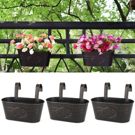 Meltset 3 Pack Metal Iron Hanging Flower Pot, Rustic Railing Planter, Oval Flower Pot Bucket Holder w Drainage Hole&Detachable Hook for Fence Garden Balcony Wall Indoor Outdoor Decor, Letter Black