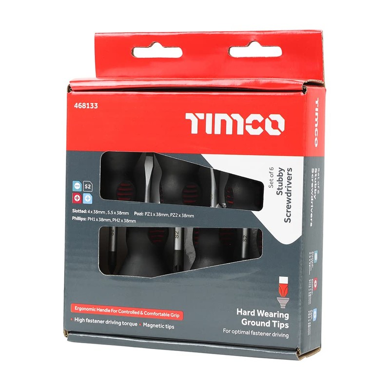 TIMCO Stubby Screwdriver Set - Assorted Sizes - 6 Screwdrivers