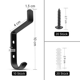 Dreamark Pack of 10 Coat Hooks, Black Wall Hooks for Screwing for Wardrobe, Jackets & Coats, Hats & Bags, Hooks for Acoustic Panels, Coat Hooks Wall, Metal Hooks, 10 cm