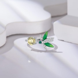 EUSJ 925 Sterling Silver Leaf Gem Ring CZ Open Wrap Green Leaf Ring Hypoallergenic Adjustable Round Gem Statement Rings Unique Birthday Christmas Holiday Gifts, Gemstone, Cubic Zirconia