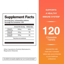 TOLOUS TOLOUS 500mg Vitamin C, 120 Chewable Tablets, 60 Day Supply, Supplement for Immune Support, Gluten-Free, Orange Flavor, 2 Pack