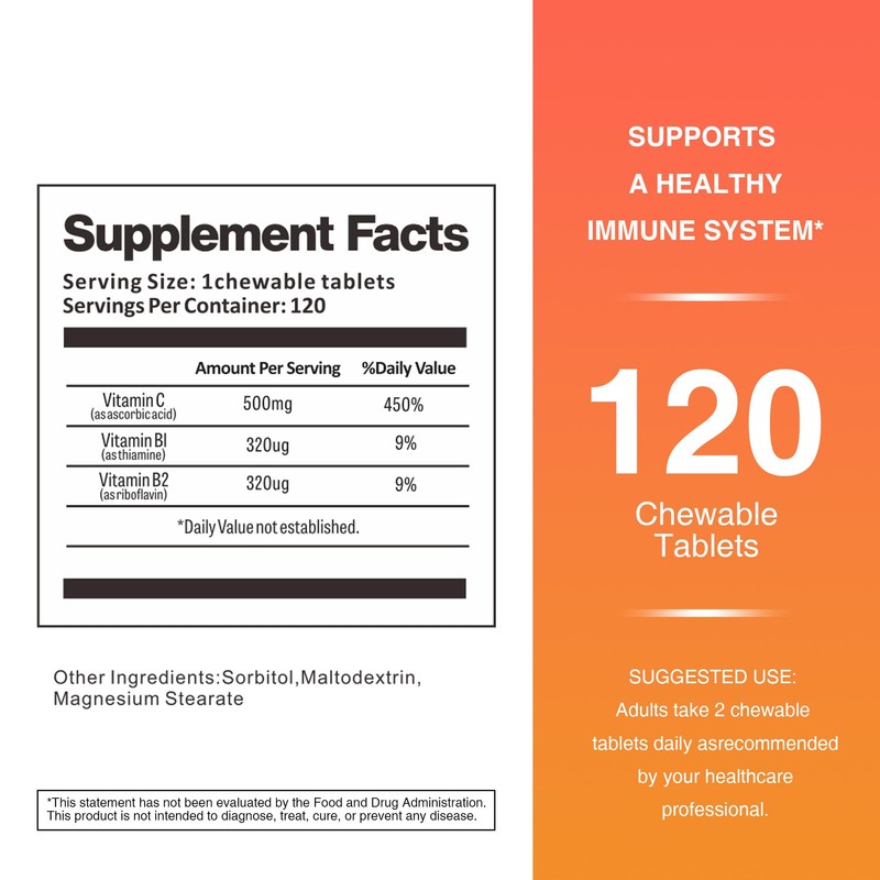 TOLOUS TOLOUS 500mg Vitamin C, 120 Chewable Tablets, 60 Day