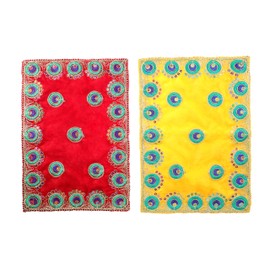 Set of 4 Aaasan Pooja Mat Aasan Puja Aasan Decorative Cloth for Pooja Puja (Size:-12 Inches x 08 Inches,) for Multipurpose Pooja Decor Decorations and Gift Item Article (Red, Yellow, Blue and Orange)