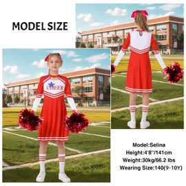 LOLANTA Cheerleader Costume Children, Girls Cheerleader Uniform Dress with Pompoms Socks and Headpiece, Long Sleeve Cheerleading Carnival Costume (Red, 10-11 Years, Size 150)