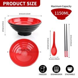 YKUKIZEE 2Pcs Large Ramen Bowl Set, 1150 ml Japanese Soup Bowl with Chopsticks and Spoon, Plastic Noodle Bowl for Salad Pho Udon Pasta