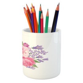 Lunarable Mauve Pencil Pen Holder, Peonies Roses and Lilies Arrangement with Romantic Valentines Day Theme, Printed Ceramic Pencil Pen Holder for Desk Office Accessory, Pink Lavender Pale Pink