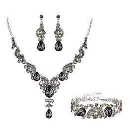 Ever Faith Wedding Jewellery Set for Women, Sparkly Rhinestone Crystal Vintage Floral Teardrop Brides Bridal Necklace Earrings Bracelet Sets Prom Party Costume Jewelry 3 Pcs Grey Silver-Tone
