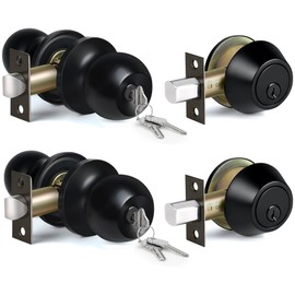 BESTTEN 2 Pack Keyed Same Exterior Door Knobs and Single Cylinder Deadbolts Combo Set, Keyed Alike Entry Door Knobs with Locks and Keys for Entrance and Front Door, Matte Black