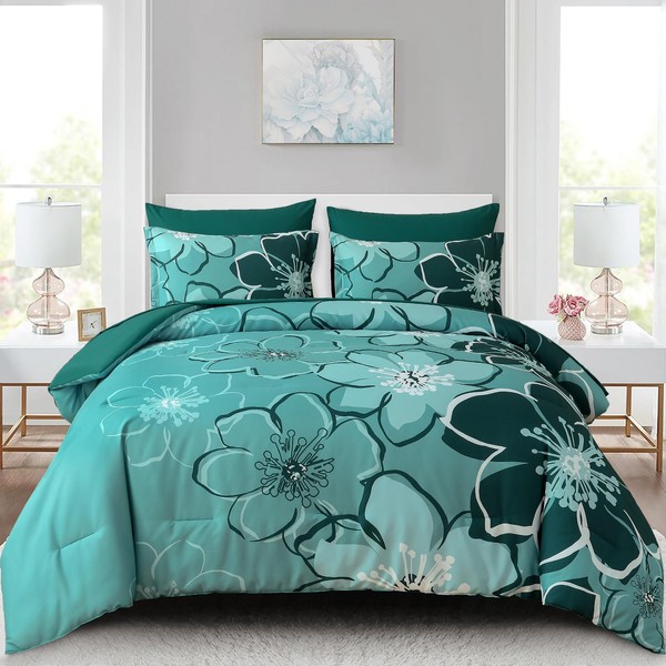 Anibedding 7Pieces Dark Green Floral Comforter Set Queen Size, Soft