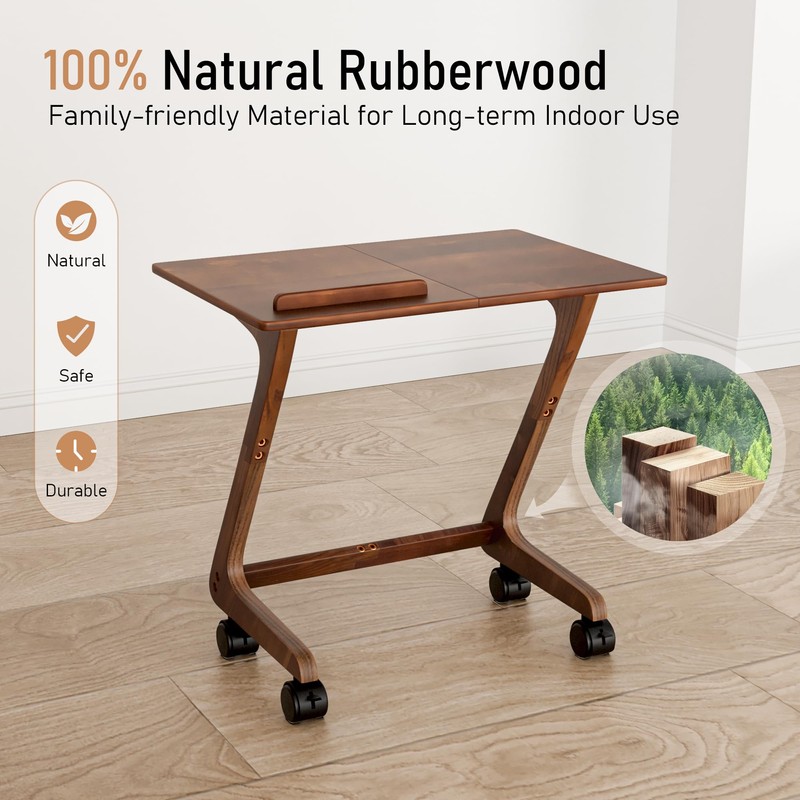 FLYJOE TV Tray Table with Casters, Solid Rubberwood End Tables,