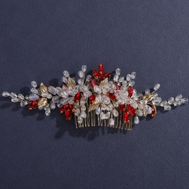 Lenjicons Luxuries Red Rhinestone Beads Hair Comb Golden Leaf Rhinestone Hair Comb Bridal Crystal Hairpiece Vintage Crystal Beads Headpiece with Leaves for Wedding Women (red)