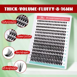 FADVAN 280pcs Individual Lash Extensions, 40D Lash Clusters Volume Mix Pack, 8-16mm Mix Lengths D Curl 0.07mm Thickness Professional Individual Eyelash Clusters