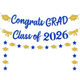 Blue and Gold Graduation Decorations Banner 2026,Glitter Blue and Gold Class of 2026 Banner and Graduation Caps Garland,Pre-Strung Congrats Grad Banner for Graduation Party