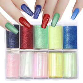 WOKOTO 10 Rolls Vibrant Colors Solid Nail Art Gauze for Nails Decorates Colorful Gauze Nail Stickers Decals for Women Nail Art Transfer Stickers Gauze Sheets Fish Scales Style Designs Stickers
