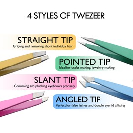 Tweezers Set 4pcs, Professional Eyebrow Plucking Tweezers for Women and Men with Curved Stainless Steel Scissors for Eyebrows, Plucking, Facial Blackhead and Tick Remover, Multicolor
