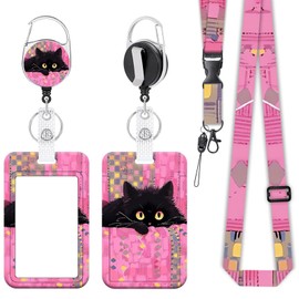 Retractable ID Badge Holder with Detachable Lanyard, Cute Card Holder for Office, Nurse, Teacher - Koala Design (Pink + Cat)