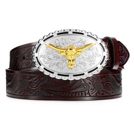 WERFORU Western Belt Cowboy Cowgirl Belt for Men Women Embossed Western Country Bull Buckle Leather Belt for Jeans, B coffee