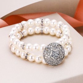 EVER FAITH Women's Crystal Simulated Pearl 2-Rows Bridal 1920s Gatsby Inspired Stretch Bracelet