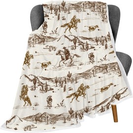 Western Cowboy Throw Blankets, Vintage Wild West Flannel Warm Soft Cozy Fluffy Bed Couch Blanket, Country American Theme White Fleece Throws to Decorate The Room and Bedroom 60 x 80