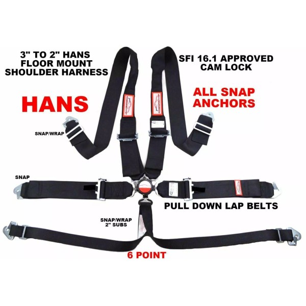 RACERDIRECT.NET CLIP IN 6 POINT RACING HARNESS HANS SHOULDERS SFI