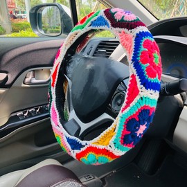 OnEternal Handmade Crochet Steering Wheel Cover Colorful Gesang Flower Seat Belt Cover Car Interior Accessories Decorations. (Steering Wheel Cover)
