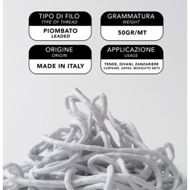 IPEA Lead Tape 50 g for Curtains, Curtains, Fabrics, Mosquito Net - 10 Metres - Made in Italy - Various Gramages - Weight, Weight, Ballast Weight - Lead Braid Colour White - 50 g/m