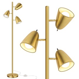 QiMH Tree Floor Lamp with 3 Light Bulbs, Standing Tall Pole Lamps for Living Room Bedroom Office, Reading Stand up Lamps with 3 Adjustable Arms, Brushed Gold