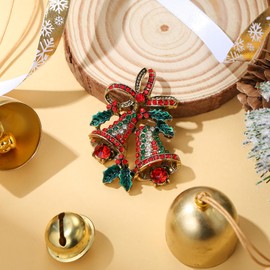 EVER FAITH Christmas Jewelry Austrian Crystal 2 Inches Enamel Green Evergreen Leaf Double Bells Bowknot Brooch Party Accessories Holiday Jewelry Gift for Women Red Antique Gold-Tone