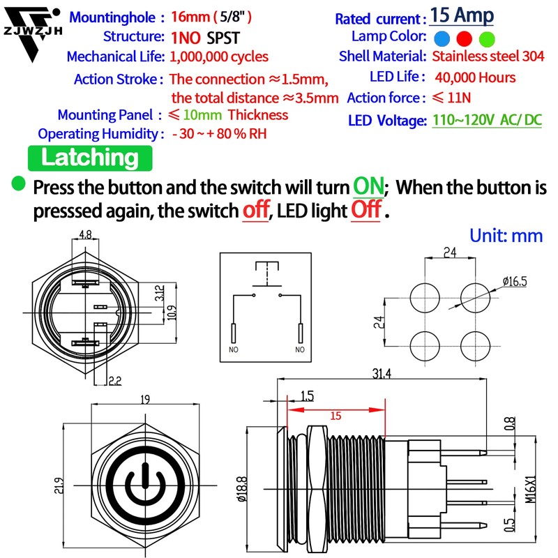 UL Listed (15Amp) 16mm 5/8'' Latching Push Button Switch Blue