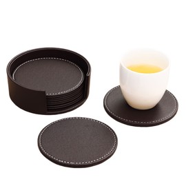 Techson 6PCS Leather Coasters, PU Non-Slip Drinks Wine Tea Coffee Mats with Holder, Waterproof Heat Resistant Bar Tabletop Protection Suitable for Kinds of Cups and Mugs (Round, Brown)