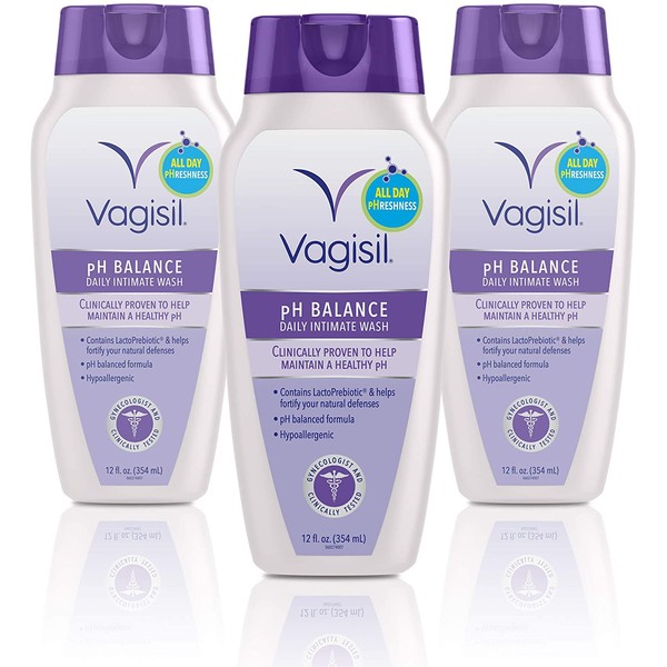Vagisil pH Balanced Daily Intimate Feminine Wash for Women, Gynecologist Tested, Hypoallergenic, 12 Ounce- Pack of 3