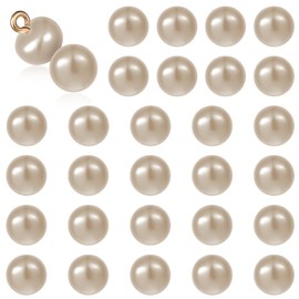 ZEYIYER 30 Pcs Pearl Buttons, 10 mm Round Pearl Button for Crochet, Champagne Gold Decorative Pearls Button with Shank for Bridal Clothes Dresses Crafts (2.3 mm Hole)