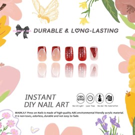 Christmas Press on Nails Short Square MABKJLF French Tip Fake Nails White & Red False Nails with Designs Snowflake Christmas Tree Glossy Glue on Nails Acrylic Nails for Women Girls 24 Pcs