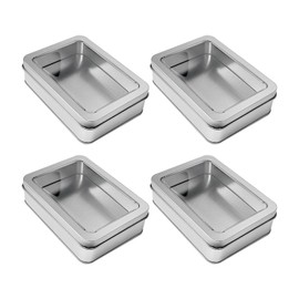 MEMOFYND 4 Pieces of Fully Open Window Empty Boxes, Tinplate Boxes, Storage Boxes with Lids, Metal Storage Boxes, Rectangular Storage Boxes for Storing Small Items (Silver)