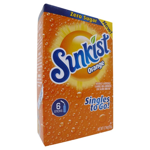 Sunkist, Powdered Drink Mix Sticks Zero Sugar Singles to Go Orange 6 Count, 0.74 Ounce