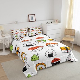 Sushi Pattern Comforter Set Japanese-Style Bedding Set for Kids Boys Girls Teens Food Theme Comforter Cute Cartoon Japanese Sushi Duvet Set Room Decor Quilt Set Full Size Microfiber