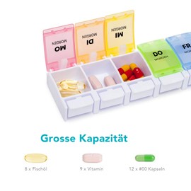SUKUOS Tablettenbox 7 Tage Morgens Abends, Pillendose Rund 7 Tage 2 fächer, AM PM Tablettendose Medikamentenbox Tabletten Wochenbox mit Große Fächer für Medikamente, Vitamine, Fischöl