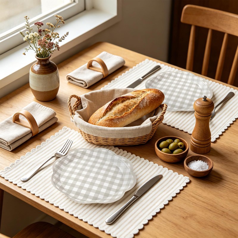 60Pcs Fall Gingham Paper Plates, Light Gray, 7 Inch