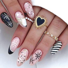SINHOT Christmas Press on Nails Medium Almond Snowflake Fake Nails Glossy Black and White Stripes Winter Xmas Gold Glitter Design False Nails Stick on False Nails with Design 24 pcs