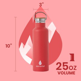 Elemental Reusable Stainless Steel Water Bottle 25 oz, Double Insulated Water Bottles That Keep Your Drink Cold for 24 Hours and Hot for 12 Hours, Red Water Bottle
