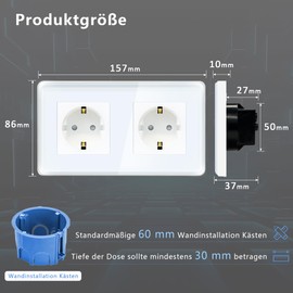 TAWOIA Schuko Socket, EU Standard Double Socket Glass Flush-Mounted Socket, Sockets with 2.5D Curved Glass Plate Wall Sockets, White, 86 x 157 mm