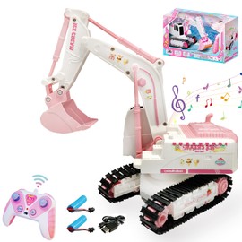 Kodbiby Pink RC Excavator, 6 Channel 2.4Ghz RC Construction Vehicle, Pink Excavator Toy with 360° Rotation, Light Sound and DIY Stickers Birthday Gift for 4-12 Girls Kids