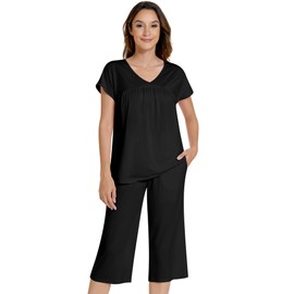 NACHILA Pajamas for Women-Viscose Made from Bamboo, Short Sleeve Sleepwear Top Cooling Capri Pants Pajama Set V Neck Pjs Medium D-black