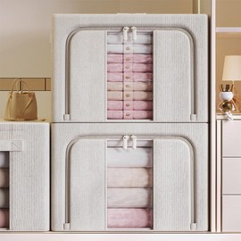 LEICHI Clothing Storage 2Pcs Foldable Storage Box 66L Stackable Linen Fabric Organizer Toys and Clothings Storage Organizer Box with Frame Zipper (2)