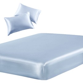 SiinvdaBZX 3-Piece Set Satin Queen Fitted Sheet & 2 Pillowcase, Baby Blue Silky Soft Fitted Bottom Sheet, Wrinkle Free, Fade Resistant, Deep Pocket Bed Sheet (Deep Up to 15")