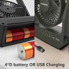 ALAGOON Portable Desk Fan, D Battery Operated Fan for Hurricane, Powered Fan by USB Cable 214H Long Lasting with Timer 6'' Portable for Outdoor Camping Quiet 3 Speeds for Office Bedroom